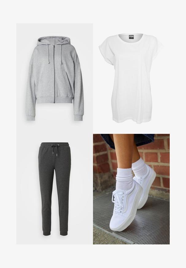 Haut de sweat à capuche zippé gris avec cordon de serrage, coupe décontractée, poches latérales, poignets et ourlet côtelés, fabriqué en tissu doux et respirant.; T-shirt blanc à manches courtes en coton, présentant une coupe décontractée, un large décolleté et un design minimaliste sans motifs ni accents.; Pantalons de survêtement gris foncé en tissu doux, dotés d'une taille élastique avec cordon de serrage, de jambes fuselées et de poignets à la cheville.; Baskets en toile blanches avec semelles en caoutchouc, dotées de six œillets, d'un bout rond et de détails de couture légers, portées avec des chaussettes blanches mi-mollet.