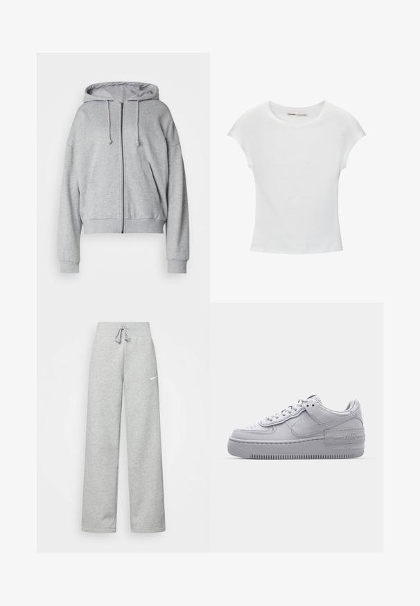 Grå zip-up hættetrøje med snor i hætten, afslappet pasform, sidelommer, ribbede manchetter og kant, lavet af blødt svedtransporterende stof.; Hvid bomuld t-shirt med korte, opsmøgede ærmer, rund halsudskæring og lige kant. Glat tekstur uden synlige mønstre eller detaljer.; Grå sweatpants med elastisk talje, snor detaljer og et lille hvidt Nike-logo på venstre lår. Blødt stof, løs pasform.; Grå Nike Air Force 1 sneakers med perforeret tå, glat læderoverdel, tyk sål og præget 'AIR' detalje på hælen.