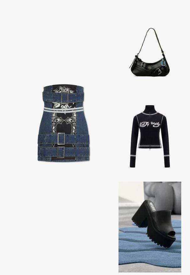 Sort strikket zip-up sweater med højt krave. Udstyret med hvide accenter og "Ed Hardy" logoet i hvidt hen over brystet. Cropped design.; Denim korsetbælte med tre store spænder, sort panel og hvid blomsterdesign i midten, med to reflekterende vandrette striber.; Sort platform mulesko med åben tå og tyk skridsikker sål, hvilende på et tekstureret blåt tæppe indendørs nær en grå lænestol.; Sort syntetisk håndtaske med en buet form, justerbar rem og dekorative metalspænder. Har en glat, blank tekstur.