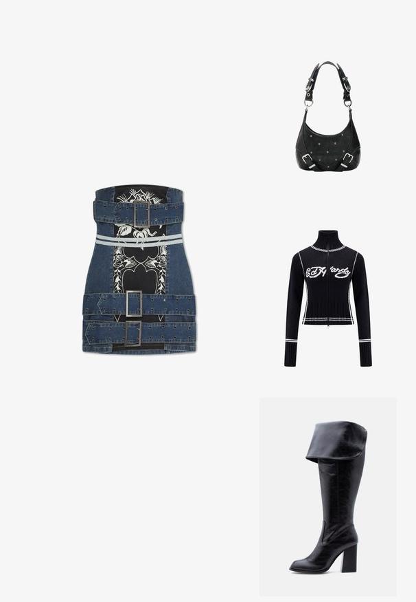 Sort strikket zip-up sweater med højt krave. Udstyret med hvide accenter og "Ed Hardy" logoet i hvidt hen over brystet. Cropped design.; Denim korsetbælte med tre store spænder, sort panel og hvid blomsterdesign i midten, med to reflekterende vandrette striber.; Høj sort læderstøvle med hæl, foldet kant og rund tå, stående oprejst på en hvid baggrund.; Sort skuldertaske i læder med sølvspænder og -beslag, blomsterpræget mønster og nitterdetaljer på fronten.