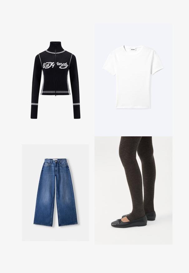 Sort strikket zip-up sweater med højt krave. Udstyret med hvide accenter og "Ed Hardy" logoet i hvidt hen over brystet. Cropped design.; Ensfarvet hvid t-shirt med korte ærmer og rund halsudskæring med en lille "WEEKDAY" label indeni halskanten, vist fladt på en lys baggrund.; Bredbenet blå denimjeans med forlommer, bæltestropper og knaplukning, lagt fladt på en lys baggrund.; Ben iført mørke ribbede leggings kombineret med sorte balletsko med små sløjfedetaljer på hvid baggrund.