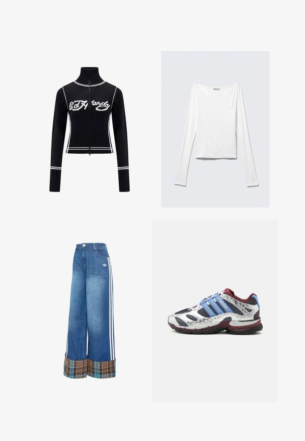 Jersey de punto negro con cremallera y cuello alto. Presenta acentos blancos y el logotipo "Ed Hardy" en blanco en el pecho. Diseño cropped.; Top blanco de manga larga con diseño cruzado y un bolsillo. Fabricado en una tela suave y elástica. Con un corte casual y relajado.; Pantalones vaqueros de pierna ancha en azul claro, con franjas blancas laterales y un puño de cuadros marrón. Hechos de un tejido suave y texturizado.; Zapatilla deportiva de malla plateada y negra con suela y cuello burdeos, franjas laterales azul claro y soporte acolchado en el talón.