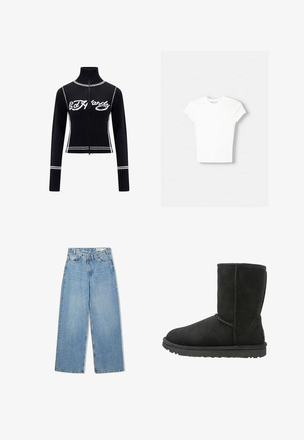 Sort strikket zip-up sweater med højt krave. Udstyret med hvide accenter og "Ed Hardy" logoet i hvidt hen over brystet. Cropped design.; Hvid kortærmet t-shirt lavet af blød bomuld, med rund halsudskæring og en tætsiddende form. Ingen synlige mønstre eller udsmykninger.; Lyseblå vide denimjeans med høj talje, fem lommer, knaplukning og diskret falmning for tekstur.; Sorte suede ankelstøvler med rund tå, stikninger og flad gummisål. Har et enkelt design uden udsmykninger.