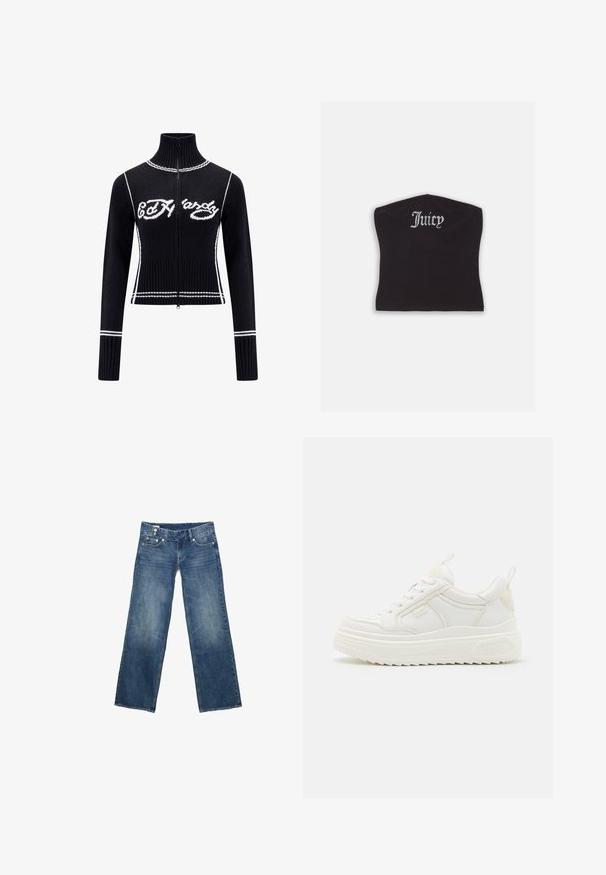 Sort strikket zip-up sweater med højt krave. Udstyret med hvide accenter og "Ed Hardy" logoet i hvidt hen over brystet. Cropped design.; Sort tætsiddende crop top med en glat tekstur og en buet halsudskæring, udsmykket med rhinestones, der staver "Juicy" på forsiden.; Blå denimjeans med brede, lige ben, forlommer, bæltestropper og dobbel lukkeknap ved taljen.; Hvide lædersneakers med en kraftig sål, snørebåndsdesign og subtil branding. Har en glat overflade og rund tå.