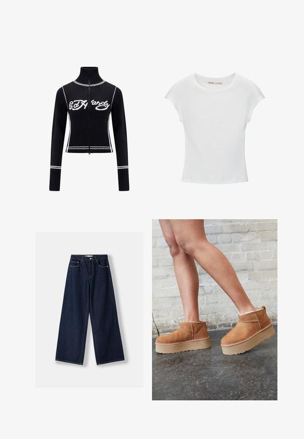 Sort strikket zip-up sweater med højt krave. Udstyret med hvide accenter og "Ed Hardy" logoet i hvidt hen over brystet. Cropped design.; Hvid bomuld t-shirt med korte, opsmøgede ærmer, rund halsudskæring og lige kant. Glat tekstur uden synlige mønstre eller detaljer.; Mørkeblå vidde denimjeans med knap- og lynlås foran, forlommer og bæltestropper, lagt fladt på en hvid baggrund.; Brune ruskinds ankelsko med en blød foring, tyk beige plattformsål og en bageste løkke. Tekstureret overflade med synlige sømdetaljer.