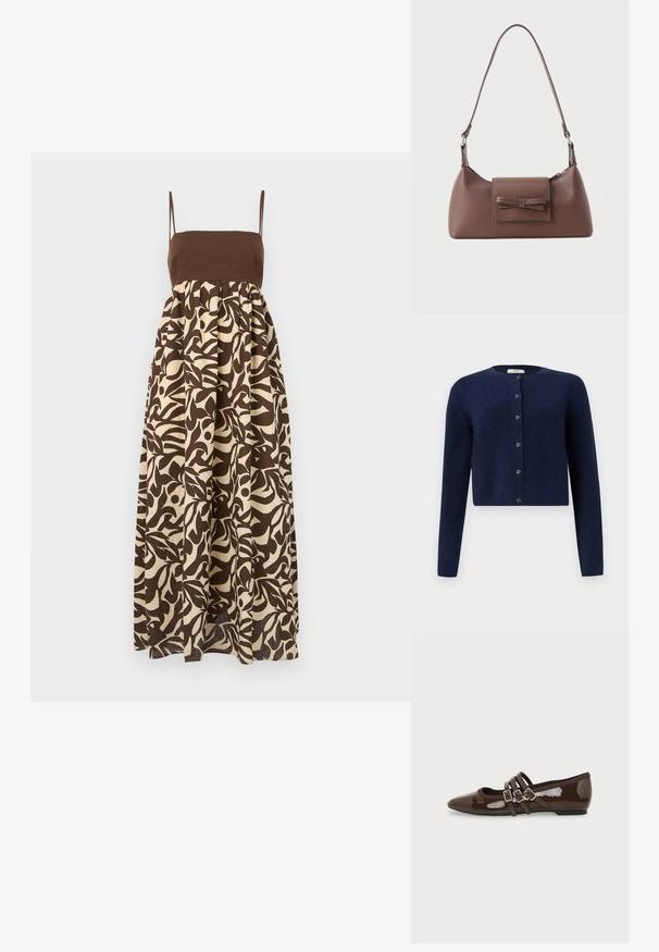 JDY JDYCHLOE L/S CARDIGAN KNT NOOS - Cardigan - night sky; Brun og off-white trykt maxi-kjole med tætsiddende top, tynde stropper og udsvungne skirt, der har organisk bladmønster.; Brun laklæder flad sko med spids tå og tre justerbare spænder på siden, vist fra ydersiden.; Brun skuldertaske i læder med en frontlomme med klap, der har en sydd sløjfedetalje, og en justerbar rem.