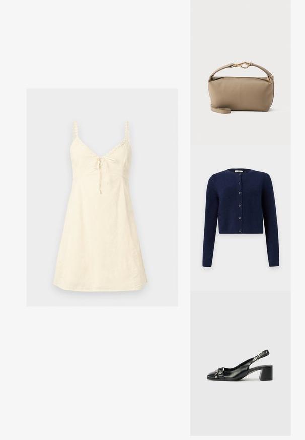 JDY JDYCHLOE LIFE CARDIGAN - Cardigan - night sky; Kremfarvet ærmeløs kjole med tynde stropper, blondekant langs udskæringen og en lille sløjfe foran.; Sorte læder slingback hæl med spids tå, tekstureret rem med cirkulære metalliske accenter, og en stablet blokhæl.; Taupe læder håndledstaske med guld lynlås og lås, med en aftagelig håndledsrem på en ensfarvet lys baggrund.
