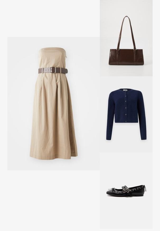JDY JDYCHLOE LIFE CARDIGAN - Gilet - night sky; Robe maxi beige sans bretelles avec un corsage ajusté, une jupe plissée et une large ceinture marron avec une boucle carrée. Fabriquée en tissu léger.; Chaussure de ballet plate noire avec doubles brides à boucle, œillets argentés et petit nœud près de l’orteil arrondi sur fond blanc.; Sac à main en cuir verni marron de forme rectangulaire, avec deux longues poignées et des accents courbés subtils à l'avant.