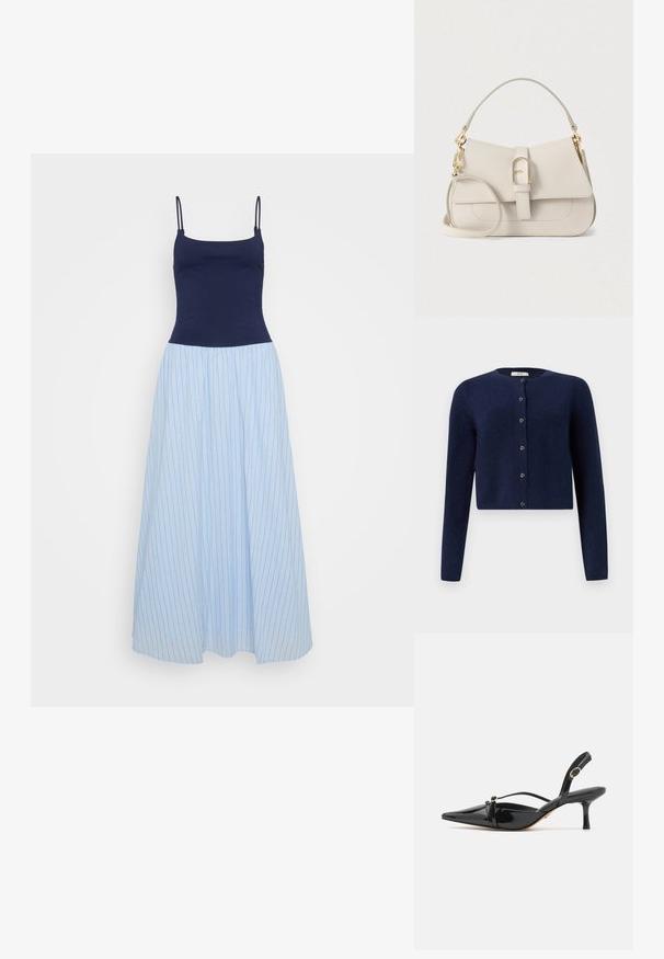 JDY JDYCHLOE LIFE CARDIGAN - Vest - night sky; Mouwloze jurk met een marineblauwe bovenkant en een lichtblauwe rok, voorzien van verticale strepen en een elastische tailleband voor een ontspannen pasvorm.; ALDO MARIETTA PILLOW WALK - Klassieke pumps - black; Beige leren handtas met een gestructureerd ontwerp, een bovenhandvat, afneembare schouderriem, goudkleurige accenten en een sluiting aan de voorkant.