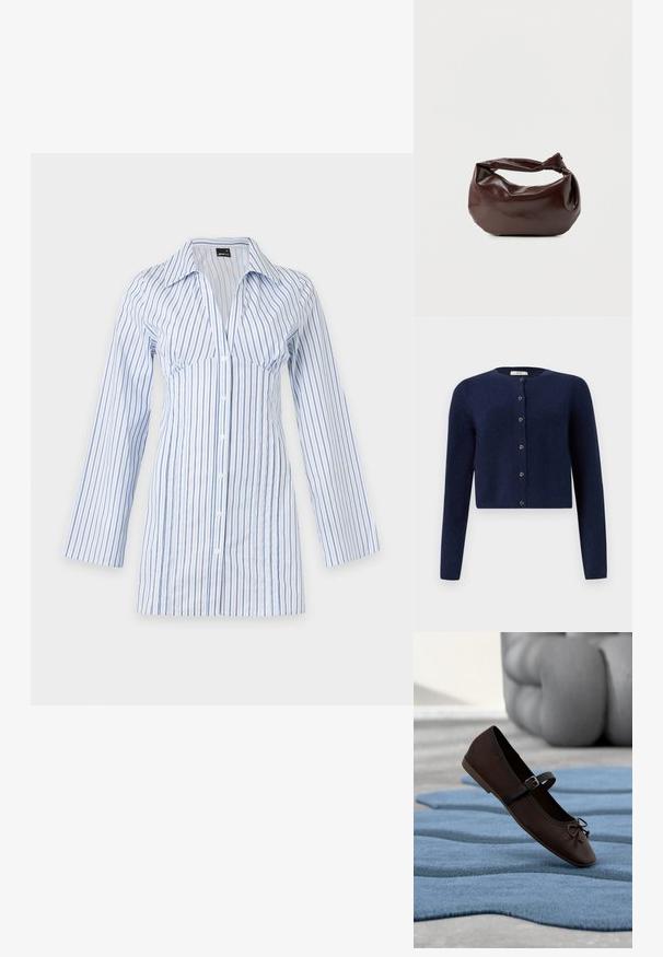 JDY JDYCHLOE LIFE CARDIGAN - Gilet - night sky; Robe chemise à manches longues, boutonnée, avec des rayures verticales bleues et un col sur un fond uni.; Chaussure plate Mary Jane marron foncé avec boucle et détail nœud reposant sur un tapis texturé bleu ondulé, et un canapé gris rembourré en arrière-plan.; Sac bandoulière en cuir marron foncé avec une forme souple et décontractée et une anse nouée torsadée sur un fond blanc uni.