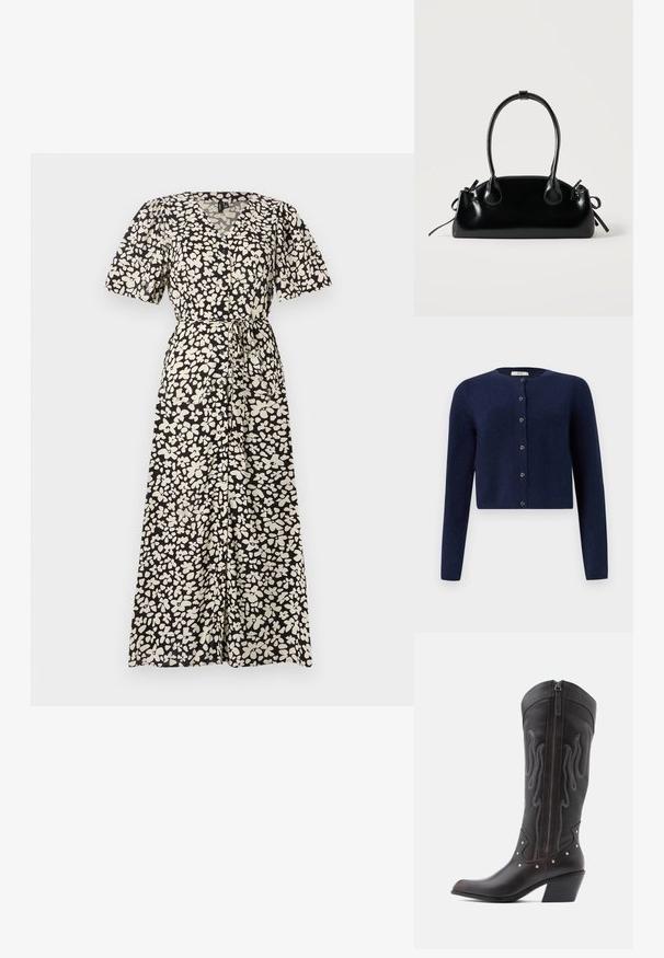 JDY JDYCHLOE L/S CARDIGAN KNT NOOS - Strickjacke - night sky; Maxikleid in Schwarz mit einem weißen Floralmuster, ausgestattet mit kurzen Puffärmel, einem V-Ausschnitt und einem Bindegürtel in der Taille.; Braune Cowboy-Stiefel aus Leder mit Flammenstickerei, seitlichem Reißverschluss, silbernen Nieten, spitzer Zehenpartie und geschichtetem Absatz.; Kleine schwarze glänzende Handtasche mit zwei langen Griffen und seitlichen Kordelzug-Details vor einfachem hellem Hintergrund.