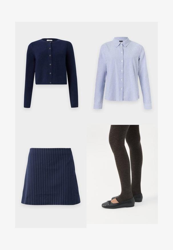 JDY JDYCHLOE L/S CARDIGAN KNT NOOS - Cardigan - night sky; Langærmet skjorte med knapper med hvide og lyseblå lodrette striber og en spids krave vist på en ensfarvet baggrund.; Marineblå nederdel med tynde hvide lodrette striber og en lige, over-knæ længde, præsenteret på en ensfarvet hvid baggrund.; Ben iført mørke ribbede leggings kombineret med sorte balletsko med små sløjfedetaljer på hvid baggrund.