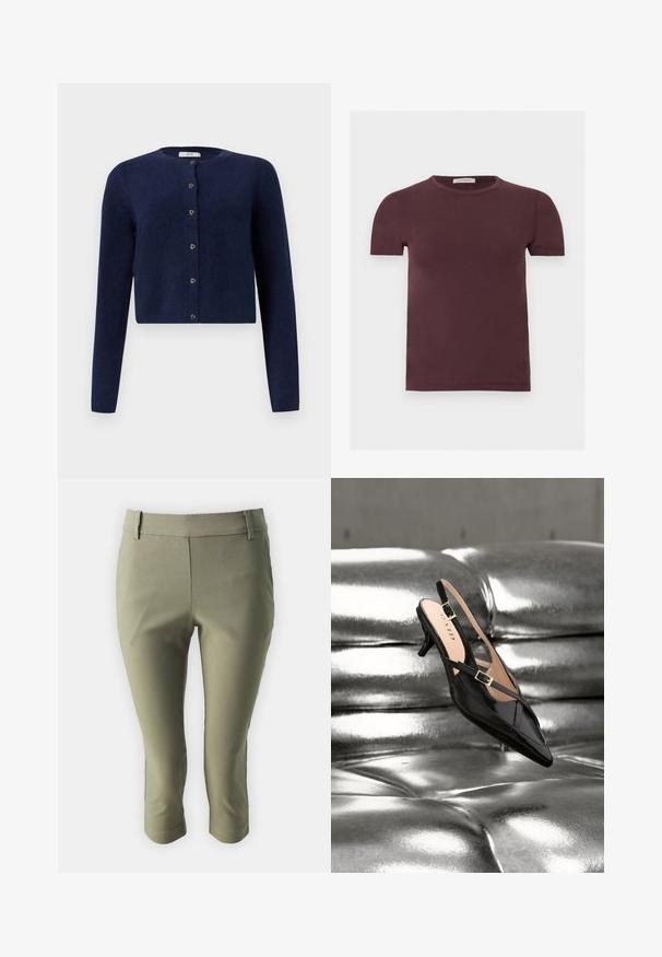 JDY JDYCHLOE LIFE CARDIGAN - Kardigan - night sky; Lühikeste varrukatega ümara kaelusega t-särk tumelillas, tehtud pehmest kangast, väikese brändisildi ja krae siseküljel.; Oliivroheline lühendatupp, mis on valmistatud siledast kangast, millel on vormitud vöökoht ja sirged sääretükid, millel on peened õmblusdetailid.; Mustast lakknahast kitsa kontsaga sandaal kuldse pandlaga, mis toetub läikiva hõbedase nupukestega polsterdatud nahktooli peale.