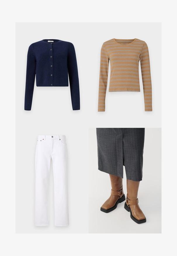 JDY JDYCHLOE LIFE CARDIGAN - Kardigan - night sky; Pruun pikka varrukaga särk horisontaalsete valgete ja tumedate pruunide triipudega, soonikkoes ja ümmarguse kaelusega, millel on lühendatud disain.; Valged teksad sirgete säärtega, millel on viis taskut, vasest neet, metallist nööpkinnitus ja tekstuuriga kangamuster.; Pruun nahast kuni põlveni ulatuvad saapad ruuduotsa, musta kummitald ja reguleeritav pandla üksikasjaga. Kanda halli triibulise seelikuga.