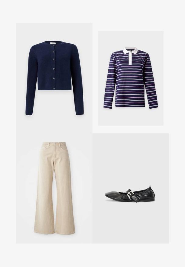 JDY JDYCHLOE L/S CARDIGAN KNT NOOS - Cardigan - night sky; Marineblå langærmet polo med hvide og pink vandrette striber og en hvid knappet krave.; Beige brede benjeans lavet af denim, med høj talje, forlommer og et enkelt design uden mønstre eller detaljer.; Sorte læder flade sko med spids tå, samling detaljer omkring åbningen, og en sølv spænde accent på den justerbare rem.
