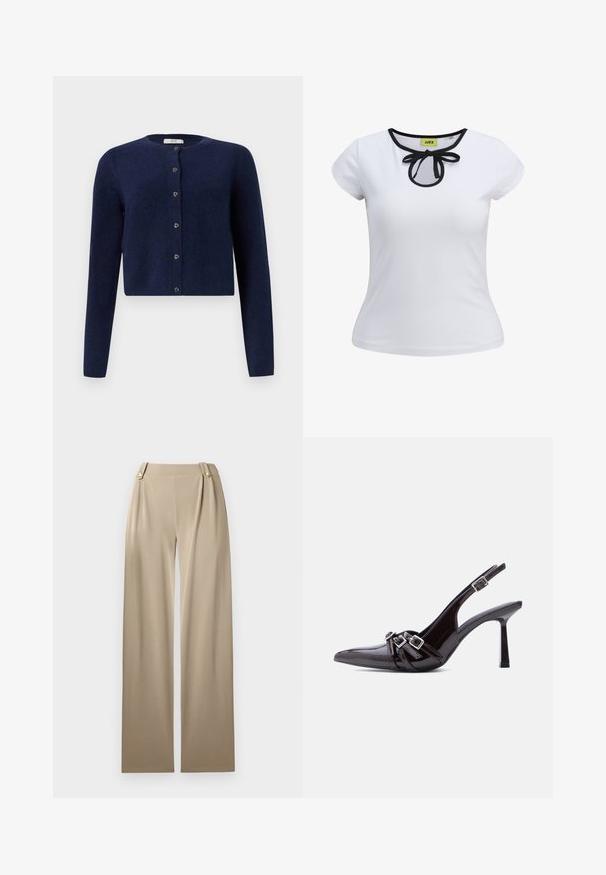 JDY JDYCHLOE L/S CARDIGAN KNT NOOS - Cardigan - night sky; Hvid kortermet t-shirt med sort kant rundt om halsudskæringen og en sløjfedetalje i midten. Fremstillet af glat bomuldsstof.; Beige brede bukser med en glat overflade, der har to dekorative knapper i taljen og subtile plisseringer for ekstra detaljer.; Sort slingback højhælet sko i laklæder med spids tå og tre dekorative spænder over vristen.