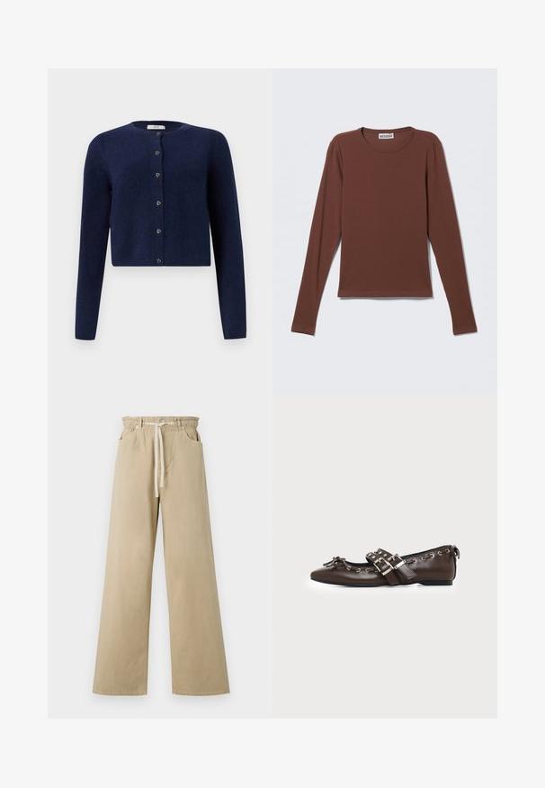 JDY JDYCHLOE L/S CARDIGAN KNT NOOS - Kardigán - night sky; Tričko s dlhým rukávom z tmavohnedého materiálu. Má okrúhly výstrih a jednoduchý, priliehavý strih bez viditeľných vzorov alebo doplnkov.; Béžové široké nohavice z bavlny s elastickým pásom a šnúrkou na stiahnutie. Obsahujú dve bočné vrecká a majú hladkú textúru.; Tmavohnedá kožená balerína s špicatou špičkou, dvojitými striebornými prackami, kovovými okami a ozdobnou mašľou vpredu.