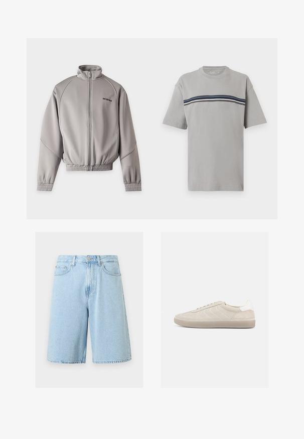 Veste zippée gris clair avec col montant, manches longues, poignets et bas élastiques, et petit texte noir sur la partie supérieure gauche de la poitrine.; T-shirt gris clair à manches courtes avec col rond et rayures horizontales bleu marine, blanches et noires sur la poitrine.; Shorts en denim bleu clair longueur genou avec bouton devant, fermeture éclair, passants de ceinture et design à cinq poches sur fond blanc.; Baskets en daim beige avec une tige texturée, un contrefort de talon blanc lisse, de fines lacets et une semelle extérieure en caoutchouc. Présente un design bas profil.