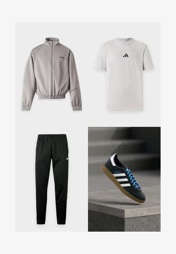 Veste zippée gris clair avec col montant, manches longues, poignets et bas élastiques, et petit texte noir sur la partie supérieure gauche de la poitrine.; T-shirt en coton gris à manches courtes, col rond, avec un petit logo noir à trois bandes sur le haut à gauche de la poitrine.; Pantalon de sport noir avec taille élastique, jambes fuselées et accents de logo blanc à l'avant. Tissu lisse et léger.; Baskets Adidas noires avec des rayures blanches, des lacets bleus et une semelle en gomme flottant au-dessus d'une marche en béton grise sous une lumière douce.