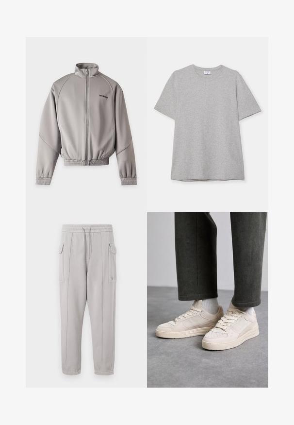 Veste zippée gris clair avec col montant, manches longues, poignets et bas élastiques, et petit texte noir sur la partie supérieure gauche de la poitrine.; T-shirt gris à manches courtes fabriqué en tissu doux et texturé. Présente un col rond classique et un ourlet droit, idéal pour une tenue décontractée.; Pantalon de survêtement gris avec taille élastique, poches latérales et détail cousu courant verticalement le long des jambes. Texture en mélange de coton.; Baskets beiges en suède et mesh, avec des accents perforés, des lacets plats et une semelle épaisse. Portées avec un pantalon en velours côtelé vert.