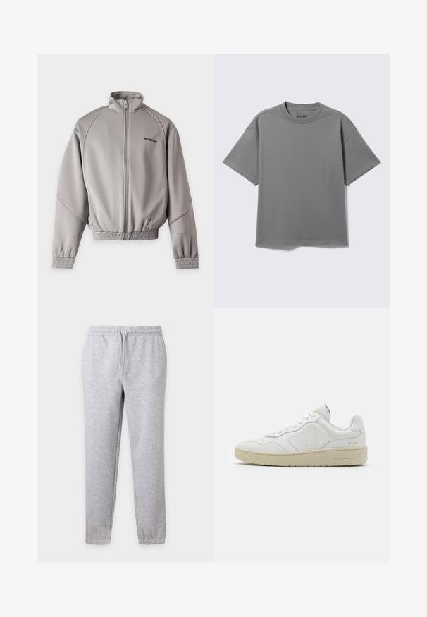 Veste zippée gris clair avec col montant, manches longues, poignets et bas élastiques, et petit texte noir sur la partie supérieure gauche de la poitrine.; T-shirt gris uni à manches courtes et col rond, posé à plat avec des coutures aux épaules visibles et l'étiquette de la marque Weekday à l'intérieur du col.; Pantalon de survêtement gris clair avec taille élastique, cordon réglable et poignets élastiques aux chevilles.; Baskets en cuir blanc avec une finition texturée et un col rembourré. Elles sont dotées d'une semelle en caoutchouc beige et d'une discrète branding sur le talon et le côté.