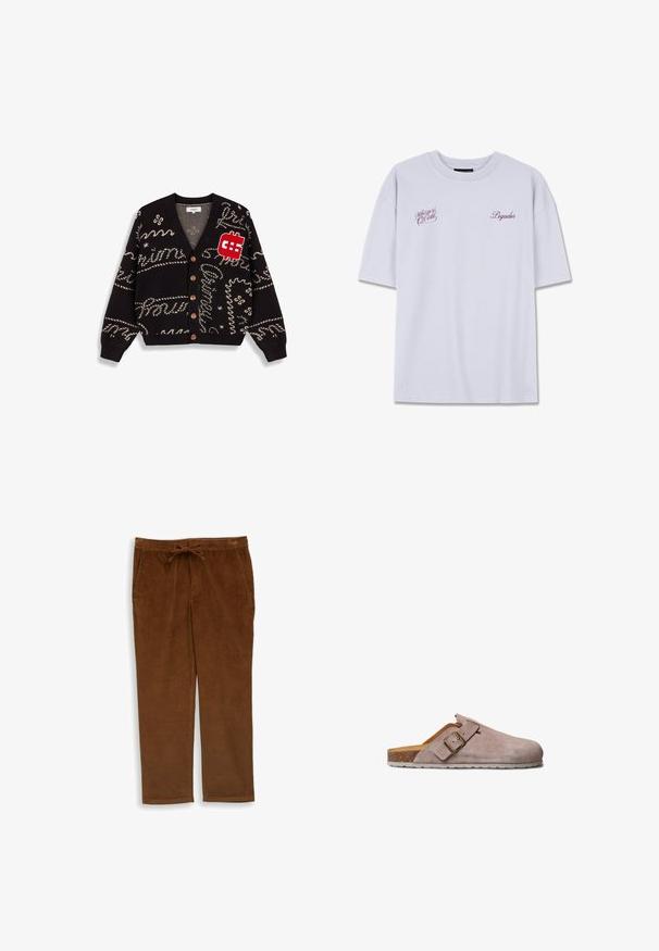 Schwarzer Strickcardigan mit beigen Mustern und Grafiken, einschließlich eines roten Dollarzeichen-Patches. Mit V-Ausschnitt und braunen Knöpfen.; Weißes Baumwoll-T-Shirt mit kurzen Ärmeln, Rundhalsausschnitt und burgunderrotem gesticktem Text: "Whispers of Gold" und "Pegador."; Braune Cordhosen mit einem verstellbaren Bund, zwei Seitentaschen und einem strukturierten Stoff mit vertikalen Streifen. Gerades Bein-Design.; Hellbrauner Wildleder-Pantoffel zum Hineinschlüpfen mit verstellbarer Schnalle, Korkfußbett und weißer, strukturierter Sohle, seitlich auf weißem Hintergrund dargestellt.