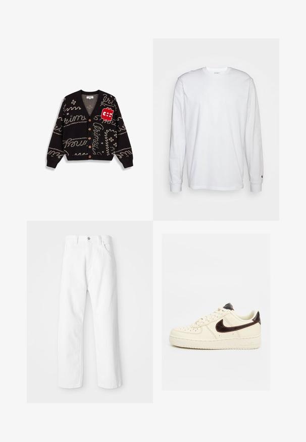 Zwarte gebreide cardigan met beige patronen en afbeeldingen, waaronder een rode dollar symbool patch. Heeft een V-hals en bruine knopen.; Witte lange mouwen T-shirt van katoen. Ronde hals ontwerp met ribgebreide manchetten en een klein logo op de linkermouw. Gladde textuur.; Witte denim broek met een rechte pijpdesign, voorzien van een sluiting met een voorknoop en ritssluiting, vijf zakken en een schone, gestructureerde afwerking.; Lage beige Nike Air Force 1 sneaker met zwart swoosh-logo, beige veters en beige zool op een neutrale achtergrond.