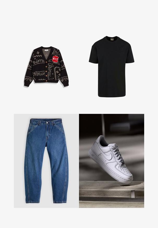 Zwarte gebreide cardigan met beige patronen en afbeeldingen, waaronder een rode dollar symbool patch. Heeft een V-hals en bruine knopen.; Urban Classics SHORTSLEEVE - T-shirt basic - black; Blauwe spijkerbroek met een ontspannen pasvorm, voorzien van een knoopsluiting, vijf zakken en contrasterende oranje stiksels. Gladde textuur over het hele oppervlak.; Witte Nike Air Force 1 sneaker van leer met geperforeerde neus, platte veters en een gestructureerde rubberen zool met "AIR"-logo aan de zijkant.