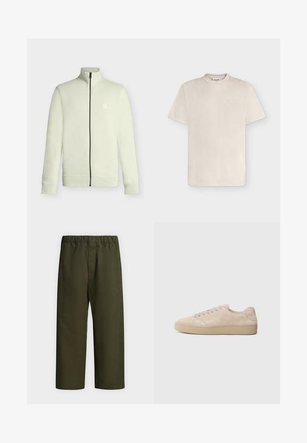 Veste polaire écrue à fermeture éclair avec col montant, manches longues et petit logo embossé sur la poitrine gauche.; T-shirt beige à manches courtes avec col rond, texture côtelée subtile et petit logo brodé sur la poitrine gauche.; Pantalon vert foncé à coupe ample avec taille élastique, jambes droites et sans poches ni ornements visibles, présenté sur un fond uni.; Baskets en daim beige avec un bout rond, des lacets plats et une semelle en caoutchouc texturé. Design minimaliste avec des bords lisses et des coutures discrètes.
