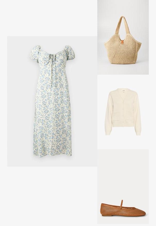 Cremefarvet cardigan lavet af blødt materiale, med v-hals, knaplukning, lange ærmer og to forreste lommer.; Kremet midikjole med blåt blomsterprint, puffede ærmer, rynket firkantet halsudskæring og bindedetalje foran.; Brun flad sko med et gittermønster og en enkelt tynd rem hen over toppen, vist fra siden på en hvid baggrund.; Stor stråtask med en tekstureret, beige yderside og to brede håndtag. Har et læderbånd som lukning.
