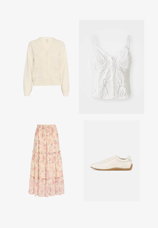 Cremefarvet cardigan lavet af blødt materiale, med v-hals, knaplukning, lange ærmer og to forreste lommer.; Hvid ærmeløs bluse med broderede blomsterdesign, en bindebånd ved halsen og en knaplukning foran med en struktureret overflade.; Lang beige nederdel med pink blomsterprint, elastisk talje med snøre og lagdelt flæsedetalje.; Hvid lædersneaker med en glat tekstur, rund tå og tonale syninger. Har en tanfarvet gummisål og snørebånds-lukning.