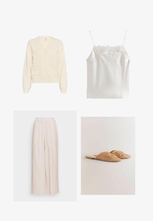 Cremefarvet cardigan lavet af blødt materiale, med v-hals, knaplukning, lange ærmer og to forreste lommer.; Hvid satin camisole med tynde stropper og blomsterblonde langs den firkantede udskæring.; Lys beige linned bukser med et bredt ben-design og elastisk talje. Blød texture med et subtilt, vævet mønster overalt.; Vævede læder slidesandaler i lysebrun, med et oversized vævet overdelsdesign og en flad sål. Spidse tæer giver et elegant udseende.