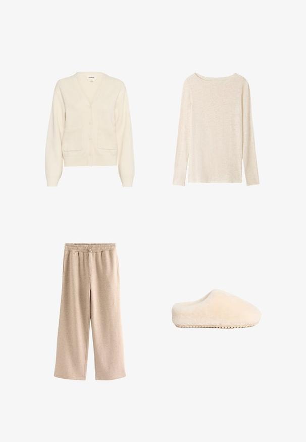 Cremefarvet cardigan lavet af blødt materiale, med v-hals, knaplukning, lange ærmer og to forreste lommer.; Langærmet, lysebeige striktop med bådudskæring og subtil meleret tekstur.; Beige bukser med vide ben, elastisk talje og snørre, lavet af et blødt, plettet stof.; Beige, bløde, fuzzy tøfler med en solid flad sål og rund tå, der har et sømløst design og en blød tekstur.