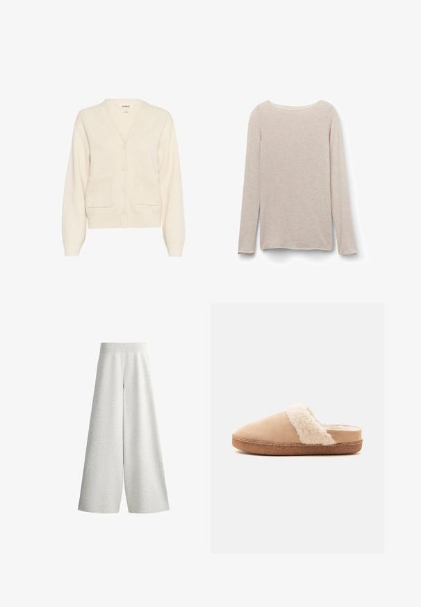 Cremefarvet cardigan lavet af blødt materiale, med v-hals, knaplukning, lange ærmer og to forreste lommer.; Lyserød langærmet t-shirt med afslappet rund halsudskæring, lavet af blødt stof med en subtil meleret tekstur.; Lysegrå vidbenede strikkede bukser med ribbet elastisk taljebånd og detaljer på sidepanel, vist på hvid baggrund.; Beige slip-on tøfler med blød, fluffy hvid foring og brun gummisål vist fra siden på en ensfarvet baggrund.