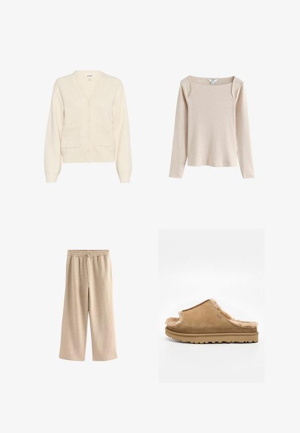 Cremefarvet cardigan lavet af blødt materiale, med v-hals, knaplukning, lange ærmer og to forreste lommer.; Beige langærmet ribstrikket top med firkantet udskæring og let skulderdetalje, vist på hvid baggrund.; Cremefarvede breddebenede bukser lavet af blødt bomuldsblandingsstof. Har en elastisk talje med snor og en subtil plettet tekstur.; Beige ruskind slip-on sutsko med blødt fleecefor og gummisål, med et side-UGG-logo på en ens hvid baggrund.