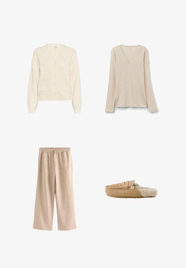 Cremefarvet cardigan lavet af blødt materiale, med v-hals, knaplukning, lange ærmer og to forreste lommer.; Langærmet V-hals top i lys beige stof med en blød tekstur. Afslappet pasform med lige kant og minimalistisk design.; Beige bukser med vide ben, elastisk talje og snørre, lavet af et blødt, plettet stof.; Lysebrun ruskind slip-on tøffel med blødt cremefarvet imiteret pelsfoder og flad gummisål vist fra siden.