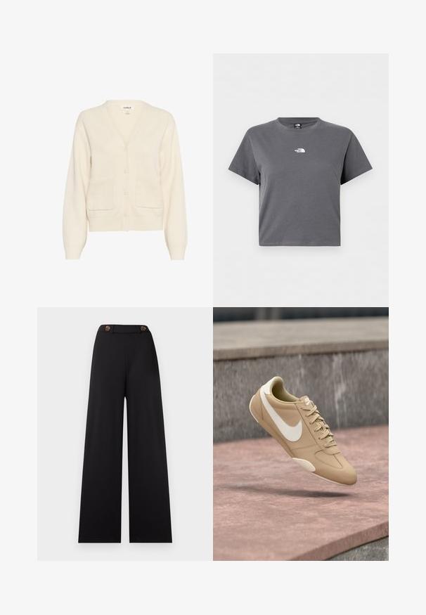 Cremefarvet cardigan lavet af blødt materiale, med v-hals, knaplukning, lange ærmer og to forreste lommer.; Kortærmet cropped grå t-shirt med rund hals og lille hvid The North Face-logo centreret på brystet.; Sorte bukser med vide ben og høj talje, der har to brune knapper og et glat, tekstureret stof. Ingen mønstre eller yderligere accenter.; Beige Nike-sneaker med hvid swoosh og snørebånd, svævende i luften over en betongulv med trapper i baggrunden.