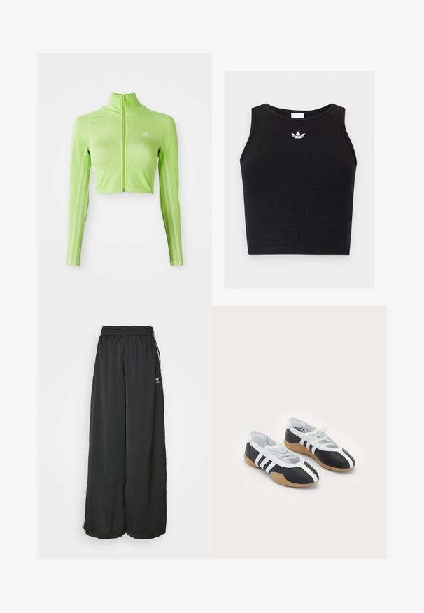 Neon groene langslavage crop athletisch top met rits aan de voorkant, hoge kraag, Adidas-logo op de linkerborst en drie strepen langs de mouwen.; Zwarte geribbelde mouwloze cropped top met ronde hals en klein wit Adidas trefoil-logo gecentreerd bij de kraag.; Zwarte, loszittende trainingsbroek van gladde stof. Voorzien van een elastische tailleband en zijstrepen met logo-accenten.; Zwart-witte sport schoenen met een slank ontwerp, rubberen zool, vetersluiting en drie witte strepen aan de zijkanten.