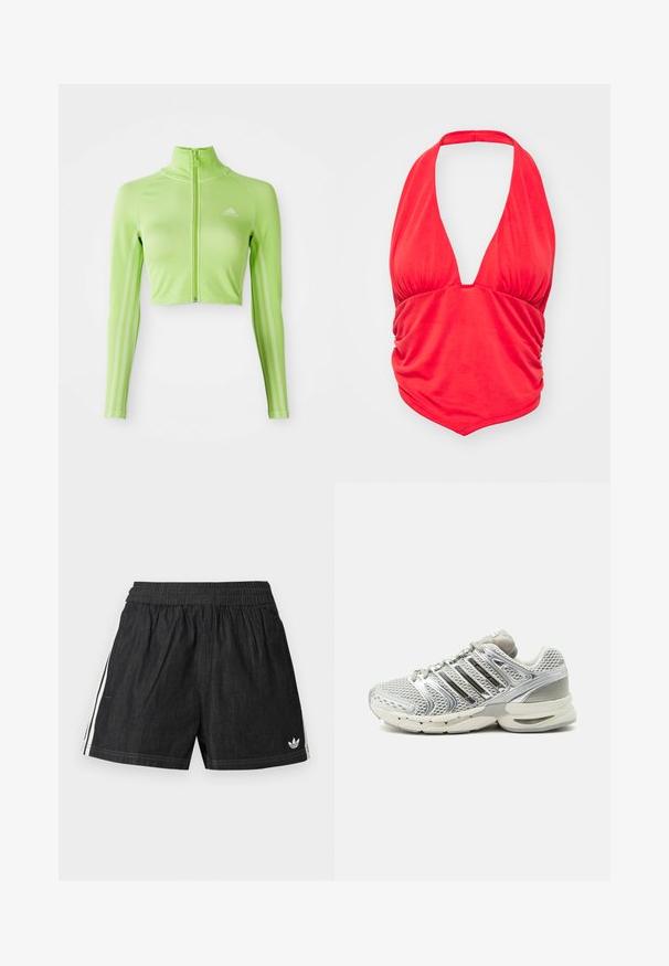 Neon groene langslavage crop athletisch top met rits aan de voorkant, hoge kraag, Adidas-logo op de linkerborst en drie strepen langs de mouwen.; Rode haltertop met een diepe V-halslijn en geplooide stofdetails bij de buste. Glad textuur en een aansluitende pasvorm, geschikt voor casual draag.; Zwarte sportshorts met elastische tailleband, witte zijstrepen en klein Adidas-logo op het onderste linkerbeen.; Lichtgrijze mesh en synthetische hardloopschoen met gedempte zool en metallic zilveren zijstrepen, gezien van de buitenkant.