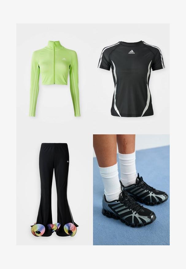 Neon groene langslavage crop athletisch top met rits aan de voorkant, hoge kraag, Adidas-logo op de linkerborst en drie strepen langs de mouwen.; Zwarte Adidas sport T-shirt met korte mouwen, voorzien van witte strepen op de schouders en zilveren gebogen accenten aan de zijkanten.; Zwarte sportbroek met een brede, uitlopende snit. Voorzien van kleurrijke, gerimpelde onderranden en witte zijstrepen. Gemaakt van rekbaar materiaal.; Persoon draagt witte geribbelde sokken en zwarte atletiekschoenen met grijze accenten op een blauwe tapijtvloer.