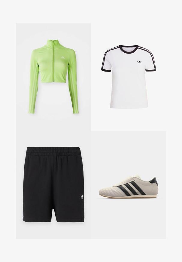 Neón zelený dlhý rukávový skrátený športový top s predným zipsom, vysokým golierom, logom Adidas na ľavej hrudi a tromi pruhmi pozdĺž rukávov.; Biele tričko s krátkym rukávom s čiernymi detailmi, s okrúhlym výstrihom a tromi čiernymi pruhmi na každom ramene. Malé čierne logo na hrudi.; Čierne atletické šortky s elastickým pásom, malým bielym logom Adidas trefoil na ľavom stehne a bielymi pruhmi pozdĺž strán.; Svetlošedé tenisky s čiernymi pruhmi, okrúhla špička, hladký kožený zvršok, uzatváranie na suchý zips a gumová podrážka.