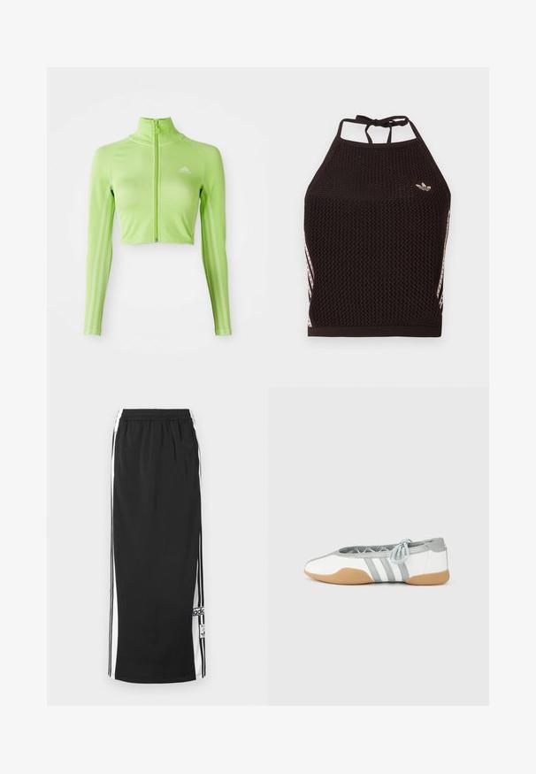 Neon groene langslavage crop athletisch top met rits aan de voorkant, hoge kraag, Adidas-logo op de linkerborst en drie strepen langs de mouwen.; Zwarte mesh halter crop top met een textuurpatroon. Voorzien van roze accentstrepen en een klein logo aan de voorkant. Sluiting met strik aan de achterkant.; Zwarte lange sportieve rok met witte zijpanelen en zwarte strepen, elastische tailleband en Adidas logo patch nabij de onderzoom.; Witte en grijze ballerina's met een ronde neus en elastische veters, met drie grijze strepen en een beige rubberen zool.
