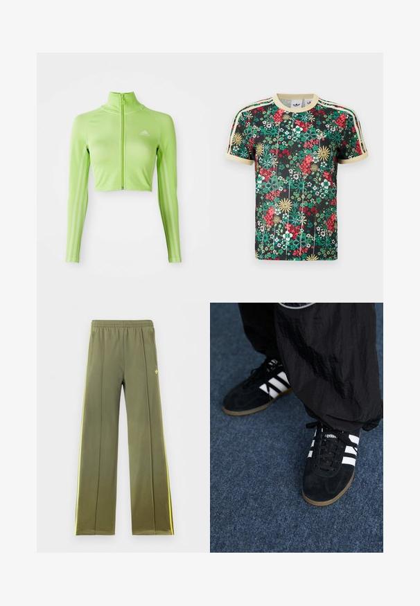 Neón zelený dlhý rukávový skrátený športový top s predným zipsom, vysokým golierom, logom Adidas na ľavej hrudi a tromi pruhmi pozdĺž rukávov.; Čierne tričko Adidas s krátkym rukávom s farebným kvetinovým vzorom, béžovým golierom, manžetami na rukávoch a tromi béžovými prúžkami na ramenách.; Olívovo zelené teplákové nohavice s elastickým pásom, bočnými vreckami, žltými bočnými pruhmi a malým logom trefoil na prednej strane.; Čierne roháčiky z semišu so tromi bielymi pruhmi a čiernymi šnúrkami. Texturované čierne nohavice sú čiastočne viditeľné vedľa topánok.