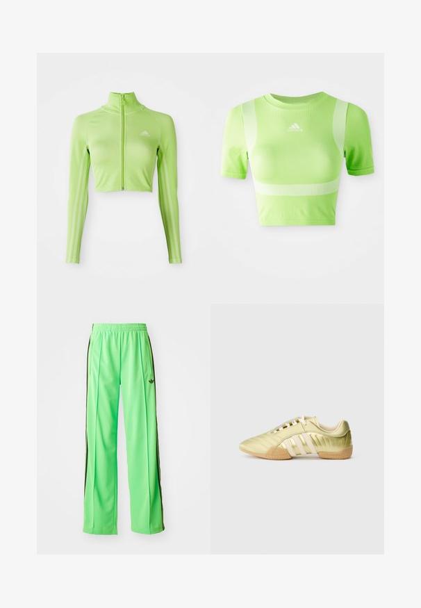 Neon groene langslavage crop athletisch top met rits aan de voorkant, hoge kraag, Adidas-logo op de linkerborst en drie strepen langs de mouwen.; Geknipt sportshirt van helder groene stof. Heeft korte mouwen, een ronde hals en een wit diagonale streepdesign op de schouders. adidas-logo aan de voorkant.; Groene sportbroek gemaakt van glad, lichtgewicht materiaal, met zwarte zijstroken en een geborduurd logo aan de voorkant.; Synthetische sportschoen in limoengroen met een gladde textuur, voorzien van drie witte strepen, een zachte binnenvoering en een gestructureerde rubberen buitenzool.
