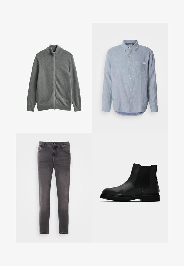 Cárdigan gris de punto con cremallera, con puños, cuello y bajo de canalé, con un pequeño logo bordado en el pecho izquierdo.; Camisa de botones rayada de color azul claro, tejido de algodón, mangas largas, cuello puntiagudo, un bolsillo en el pecho y detalle de etiqueta con logo.; Jeans de denim gris con un diseño ajustado, cinco bolsillos, cierre de cremallera y botón. Presenta un ligero desvanecimiento y una textura suave.; Botín Chelsea de cuero negro con paneles laterales elásticos, puntera redonda y parte superior texturizada. Cuenta con una suela de goma plana y un detalle sutil de marca.