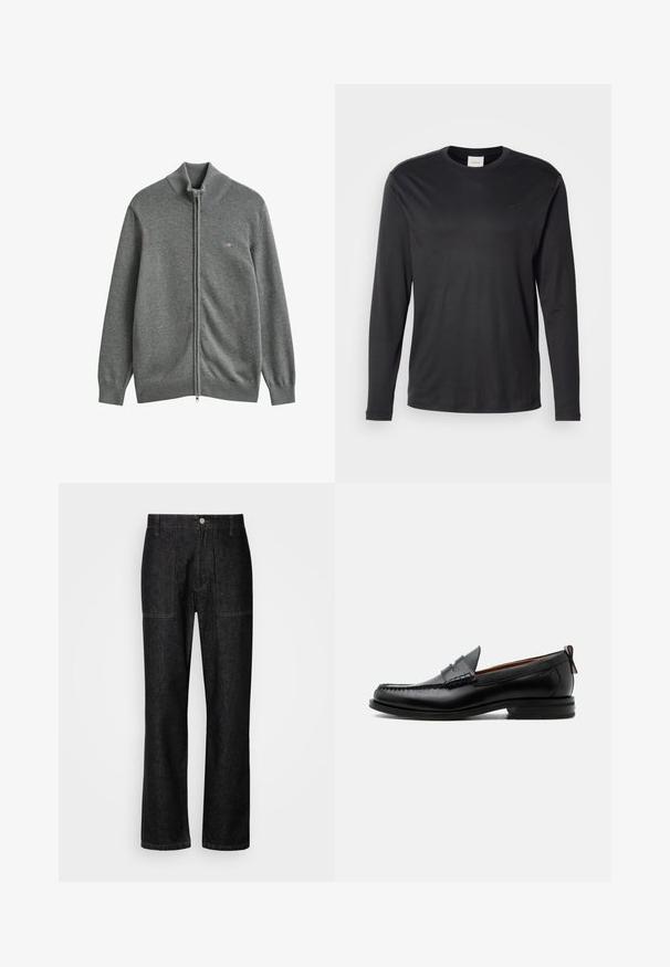Cárdigan gris de punto con cremallera, con puños, cuello y bajo de canalé, con un pequeño logo bordado en el pecho izquierdo.; Camisa negra de manga larga y cuello redondo de Calvin Klein con pequeño logo CK en el lado izquierdo del pecho, mostrada sobre un fondo blanco liso.; Pantalones de mezclilla negros con corte recto, costuras visibles y cierre frontal con botón. Incluye dos bolsillos laterales y dos bolsillos traseros.; Mocasín de hombre de piel negra con costura moc toe, tira penny, cuello texturizado y tacón bajo apilado sobre fondo blanco.