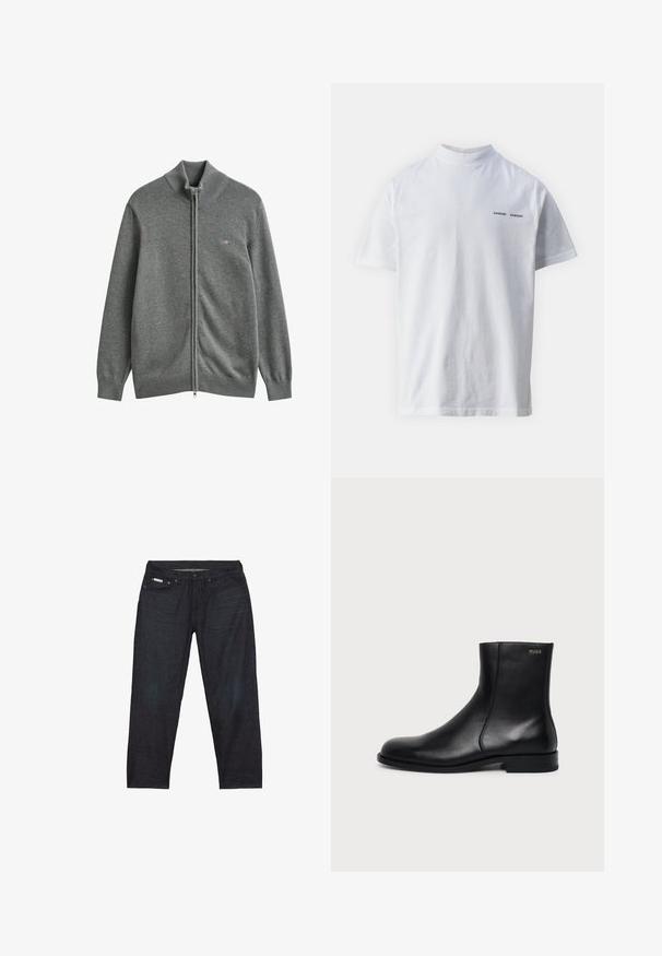 Grijze gebreide cardigan met ritssluiting, geribde manchetten, kraag en zoom, met een klein geborduurd logo op de linkerborst.; Witte katoenen t-shirt met een hoge hals en korte mouwen. Voorzien van het 'SAMSØE SAMSØE' logo in het zwart op de voorkant. Glad van textuur.; Donkerblauwe spijkerbroek met rechte pijpen, voorzien van vijf zakken en minimale stikseldetails voor een strakke uitstraling.; Zwarte leren enkellaars met lage hak, zijstiksels en klein "HUGO" logo op de bovenste boord tegen een effen achtergrond.