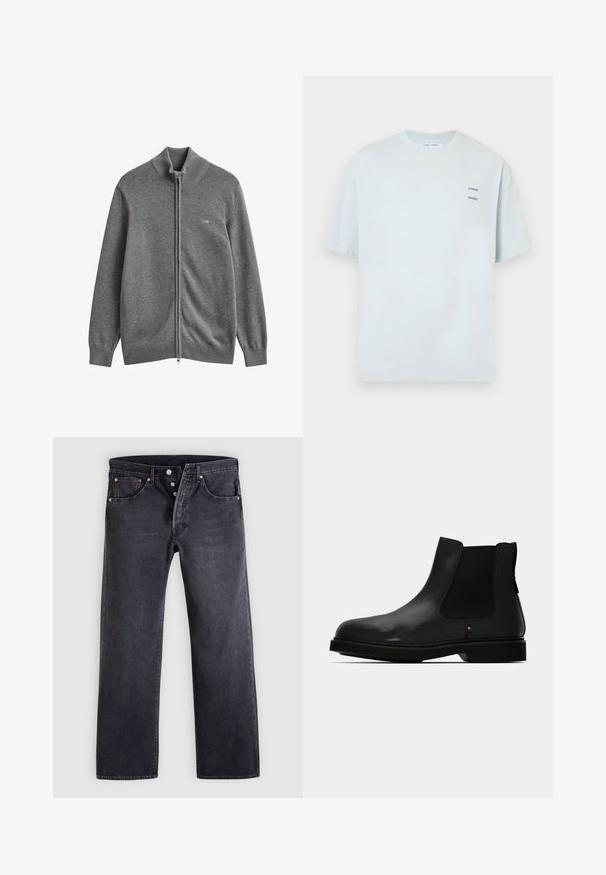 Grå strikket cardigan med lynlås, med ribstrikkede manchetter, krave og kant, med et lille broderet logo på venstre bryst.; Lyseblå kortærmet t-shirt med rund hals og to trykte "SAMSØE" logoer på venstre brystområde. Fremstillet af blødt stof.; Sorte denimjeans med lige snit, fem-lommer design og kobberknapdetaljer. Glat tekstur med let falmet finish.; Sort læder Chelsea-støvle med elastiske sidepaneler, rund tå og tekstureret overdel. Har en flad gummisål og diskret mærkedetalje.
