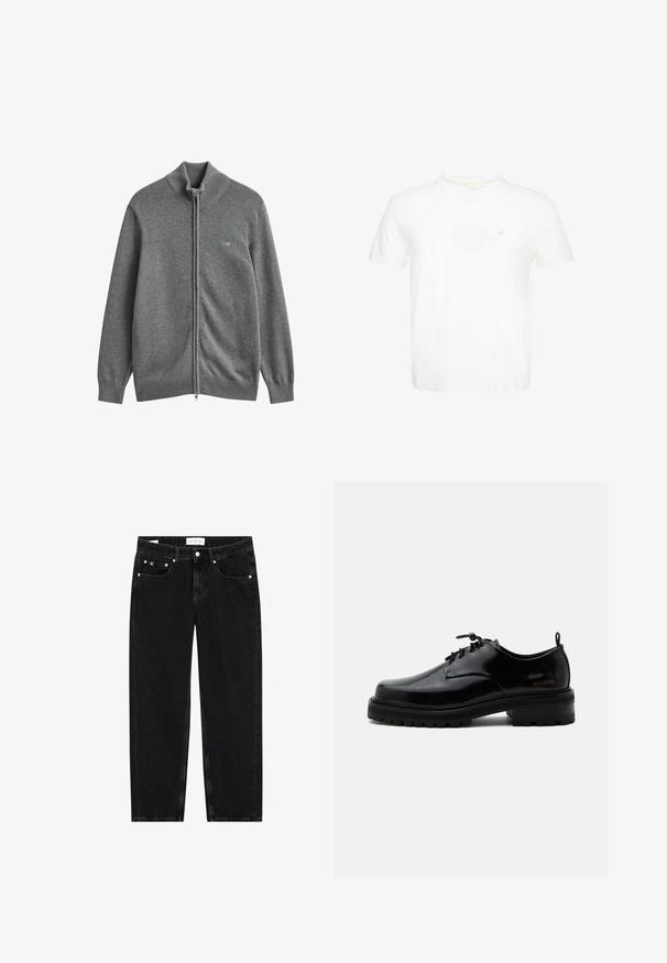 Grå strikket cardigan med lynlås, med ribstrikkede manchetter, krave og kant, med et lille broderet logo på venstre bryst.; Hvid T-shirt med korte ærmer og rund hals med lille broderet "ck" logo på venstre bryst.; Sorte denim jeans med lige pasform, let slidte teksturer, fem lommer og sølvfarvede detaljer. Mærke på taljebåndet.; Sort poleret læder snørestøvle med tyk gummisål og lav hæl, sideskilt med mærketekst "SAMSOE" og bageste træksnor.