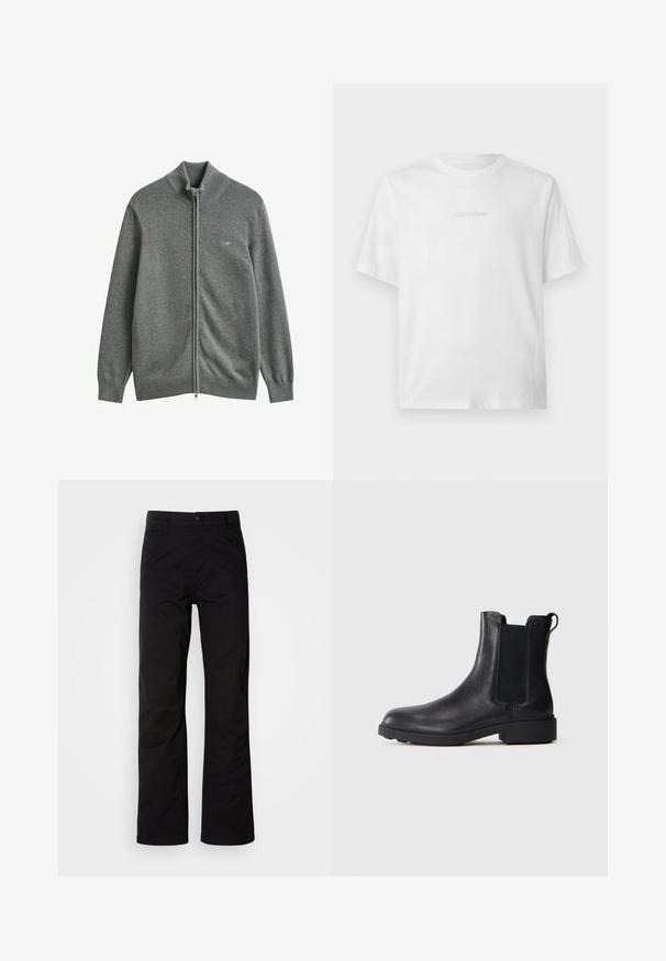 Grå strikket cardigan med lynlås, med ribstrikkede manchetter, krave og kant, med et lille broderet logo på venstre bryst.; Hvid T-shirt med korte ærmer og rund hals, med diskret præget Calvin Klein-logo centreret på brystet.; Sort bomuldsbukser med lige ben, der har knaplukning og bæltestropper. Glat tekstur og minimalistisk stil uden synlige mønstre.; Sort læder ankelstøvle med elastiske sidepaneler, træksnor ved hælen og lav bloksål mod en ensfarvet baggrund.